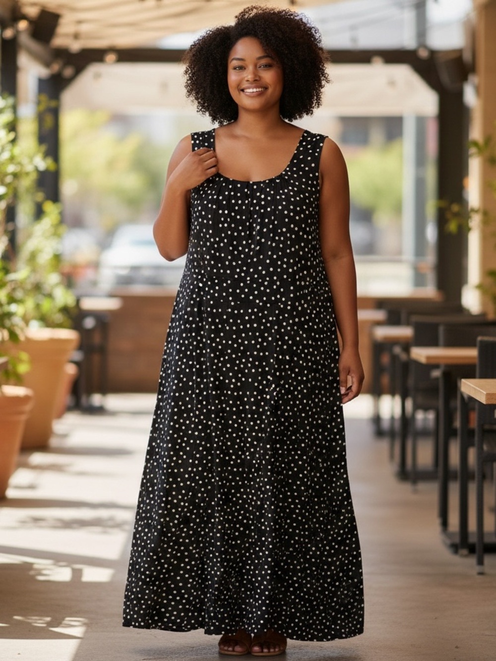Woman Within - Polka Dot Sleeveless Maxi Dress - Black